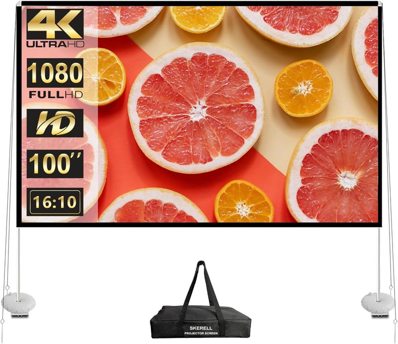 SKERELL Outdoor Projector Screen with Stand 100 Inch: Portable Projection Screen 16:10 4K HD Outdoor Movie Screen with Carry Bag for Home Backyard Theater - Image 1